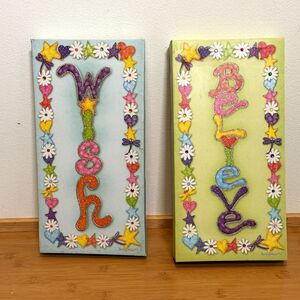 Sandy Russell Wish Believe Canvas Wall Art Set Glitter Floral 12x6 Decor